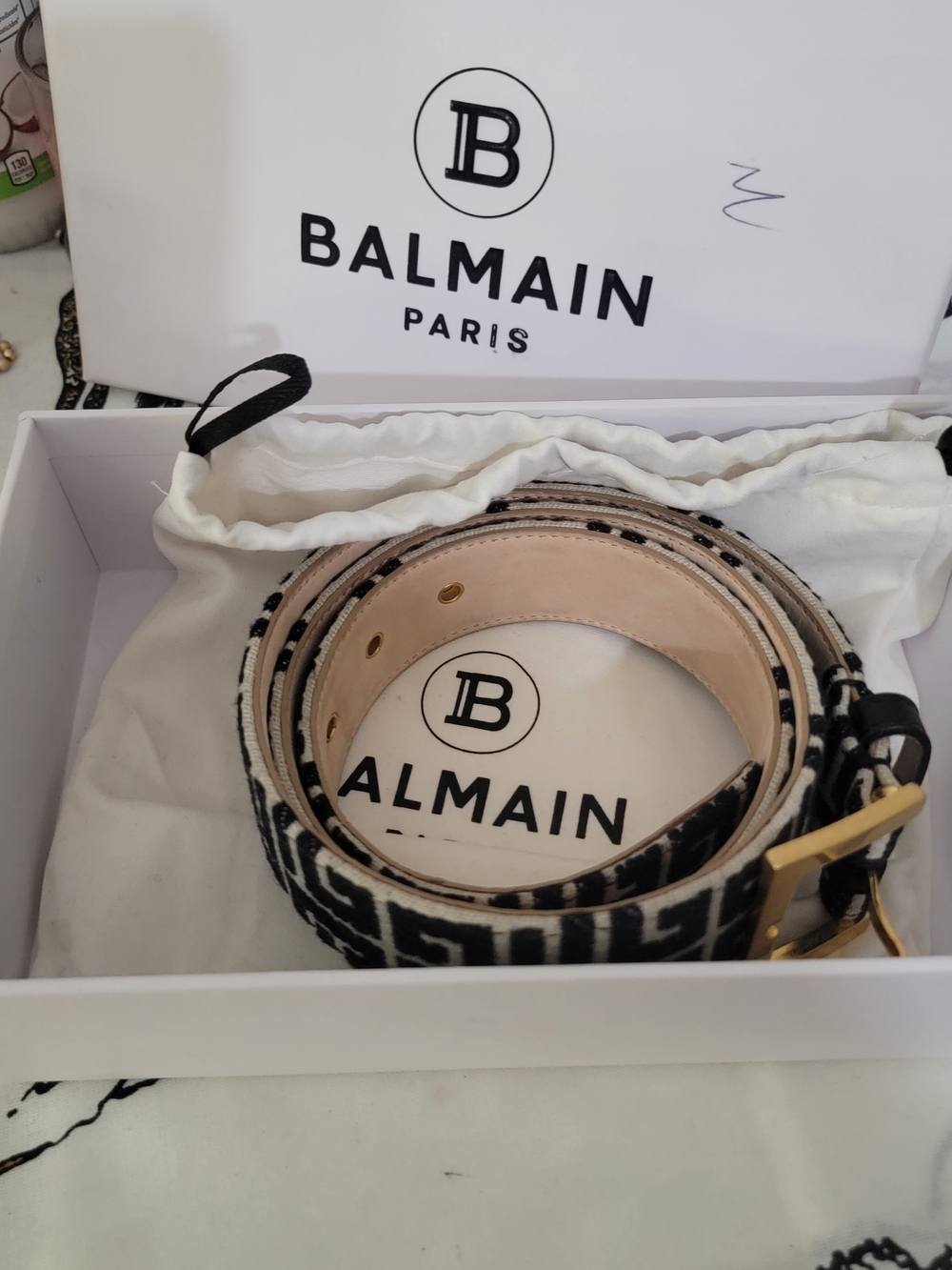 Balmain Black & White Logo Jacquard Belt with Gold Buckle